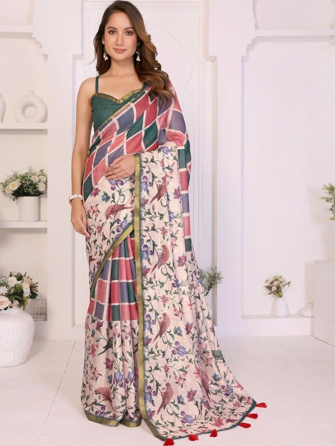 Pixie lane Floral Zari Linen Blend Saree - view 1