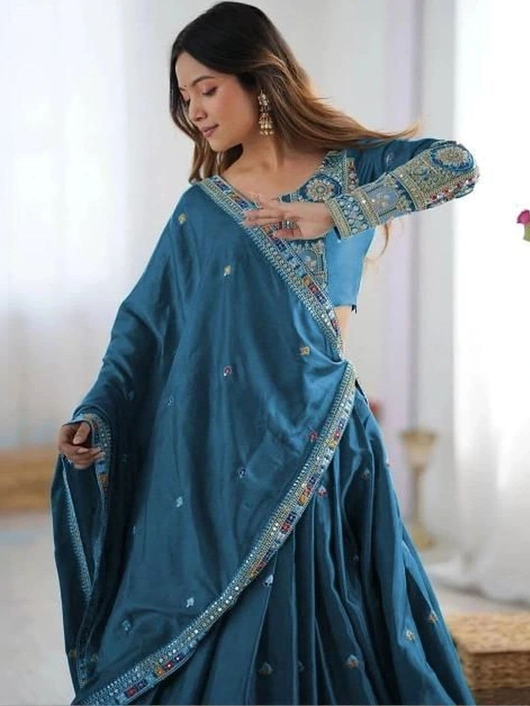 Vishu Saree Embroidered Mirror Work Ready to Wear Lehenga & Blouse With Dupatta thumbnail 2