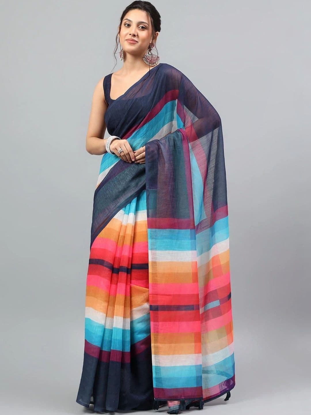 Pixie lane Striped Zari Linen Blend Saree - view 1