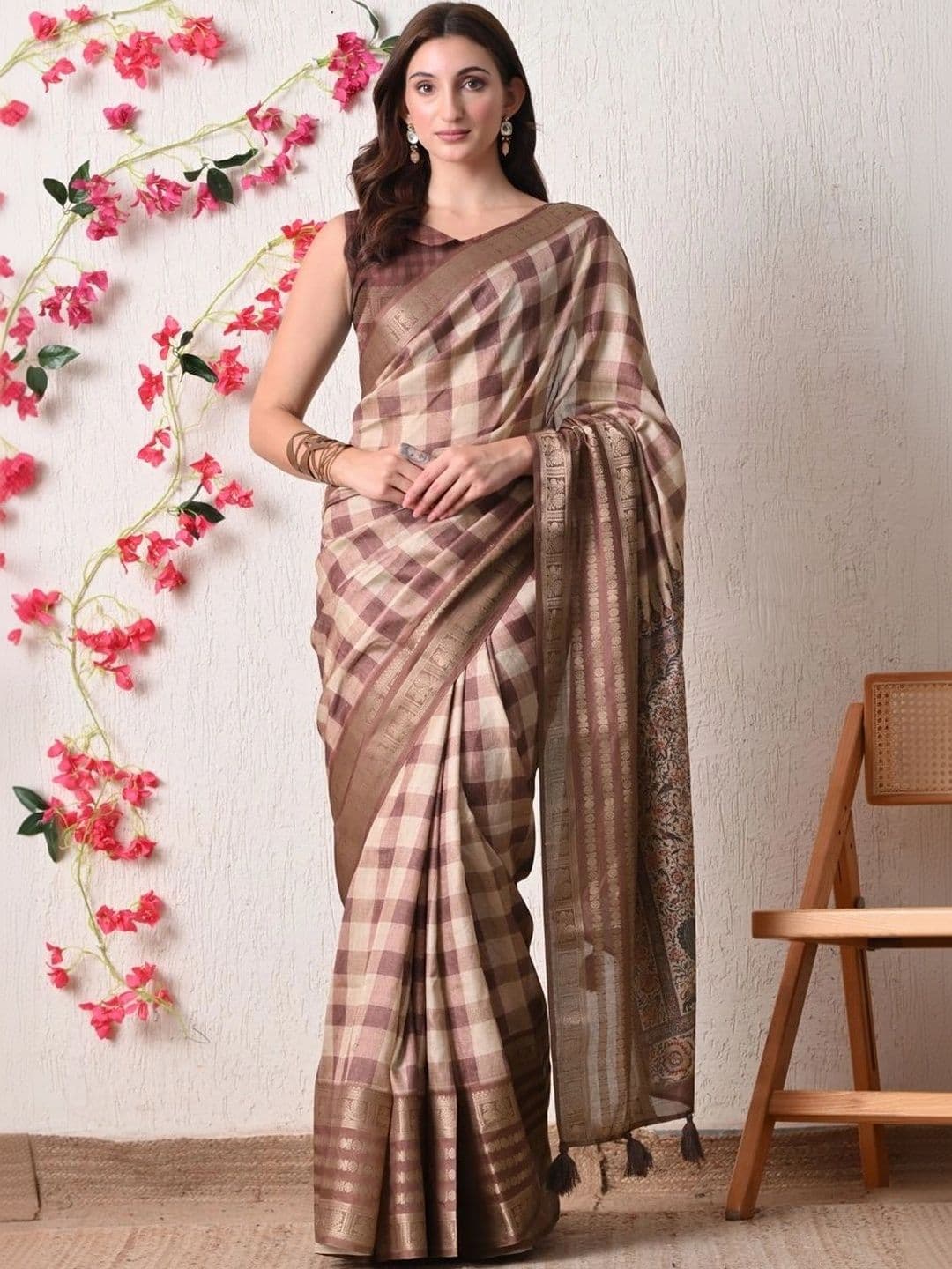 KALINI Checked Silk Cotton Saree - view 1