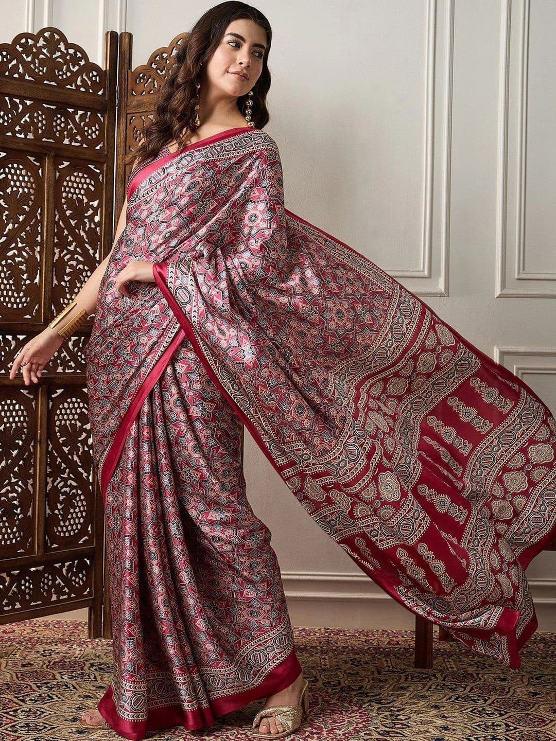 Saree mall Ajrak Block Pure Crepe Designer Block Print Sarees thumbnail 6