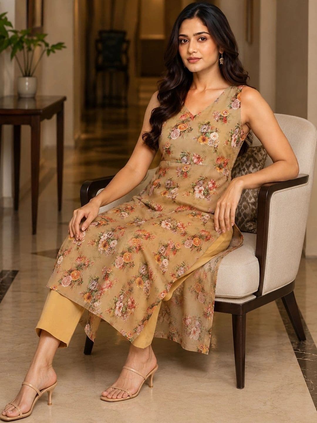 Bunai Women Floral Printed Regular Kurta with Trousers thumbnail 3