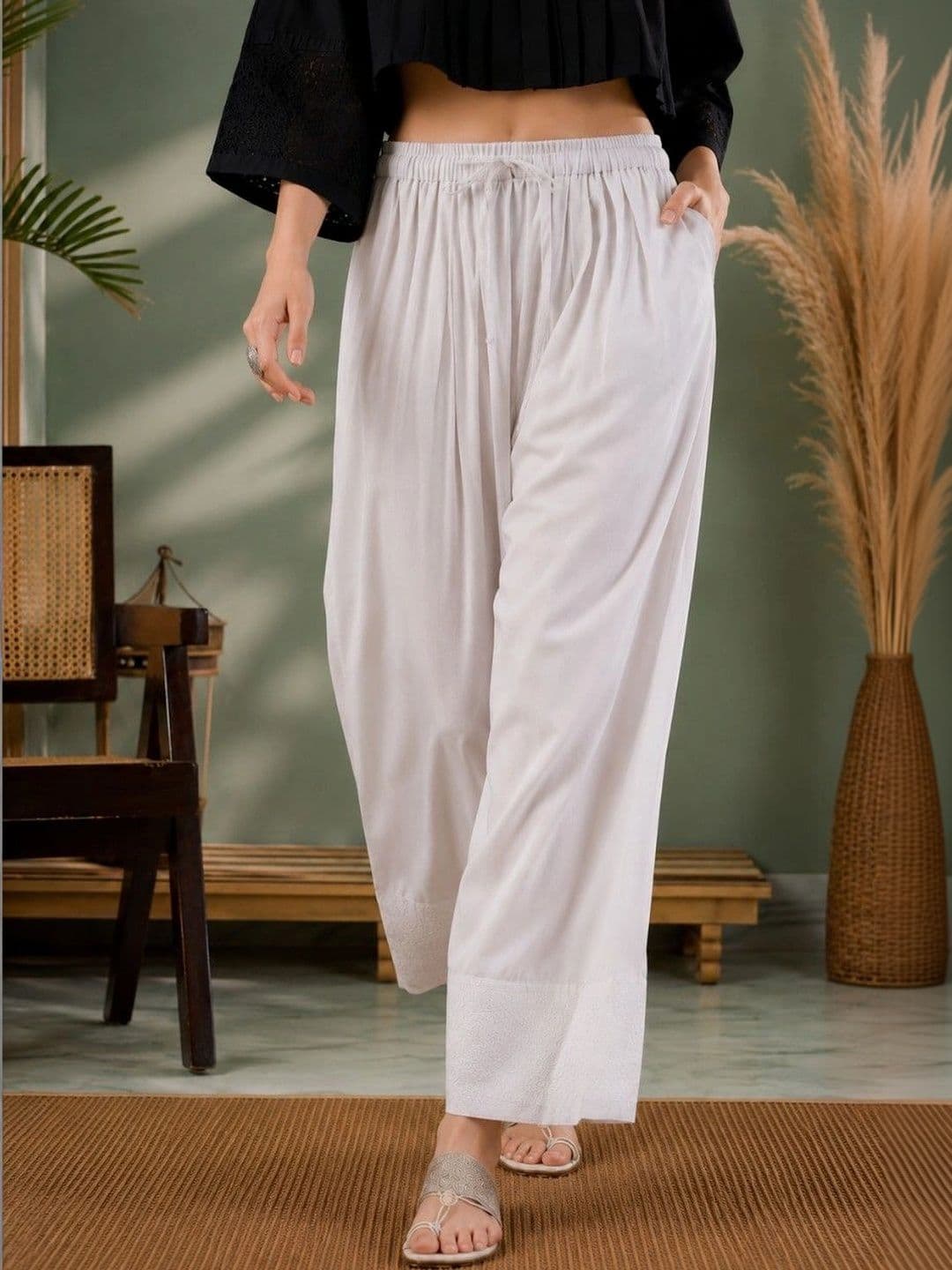 Sangria Women Pleated Thread Work Pure Cotton Top with Palazzos thumbnail 4