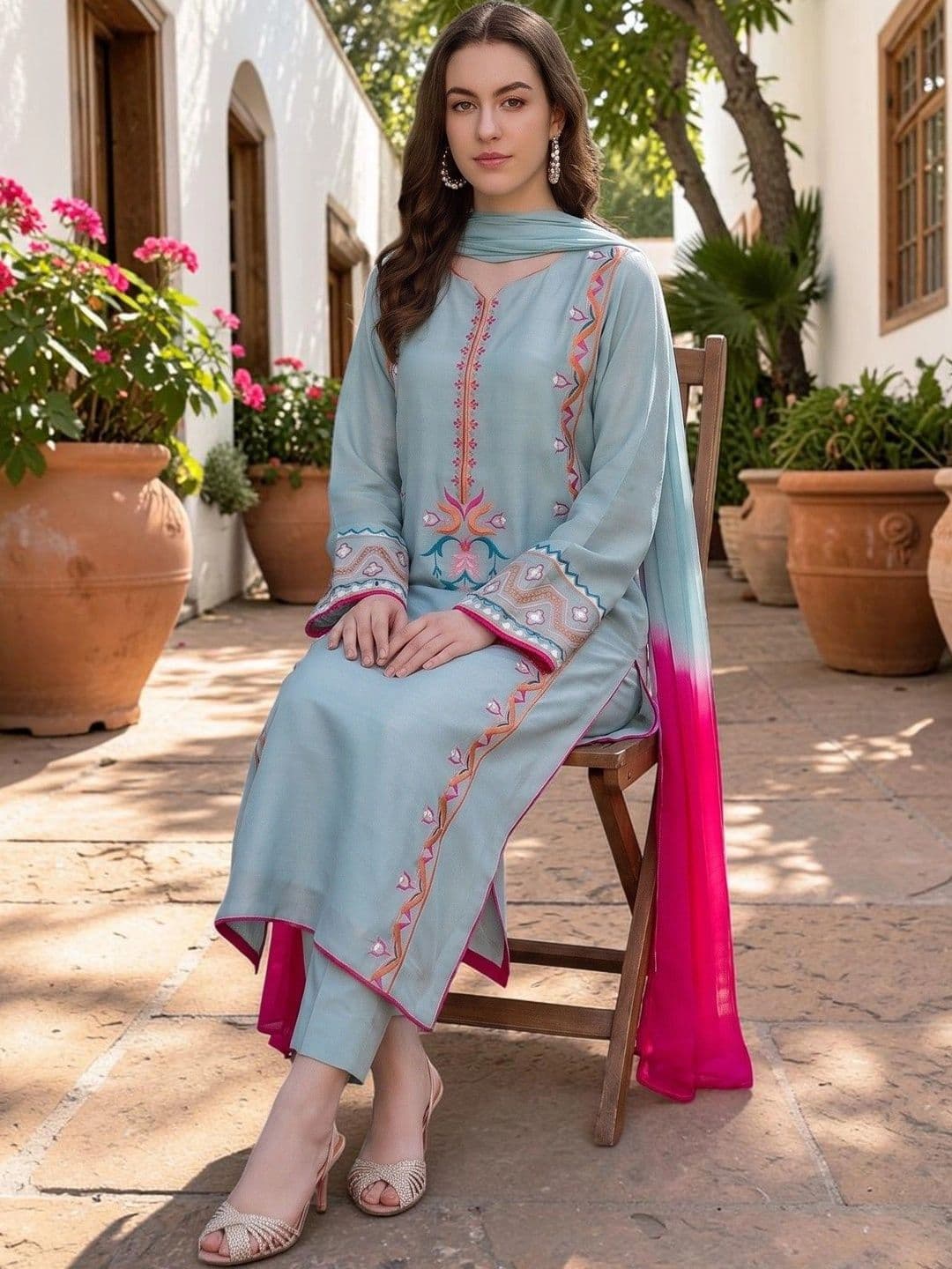 TASRIKA Ethnic Motifs Embroidered Thread Work Silk Crepe Kurta with Trousers & Dupatta thumbnail 7