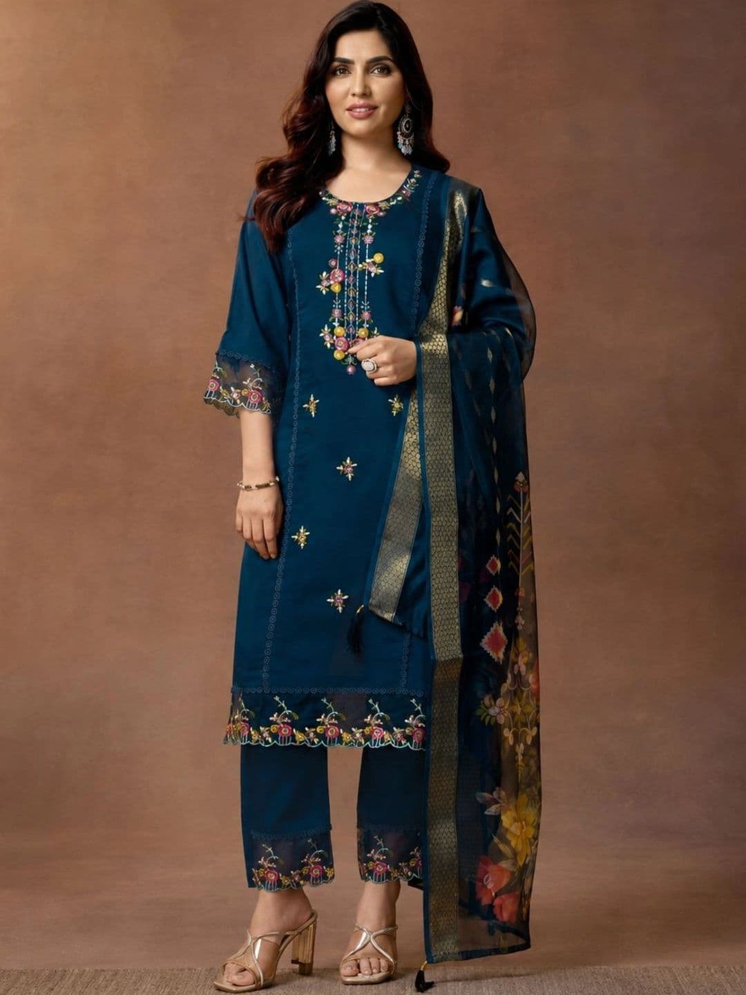 PAUSE Women Embroidered Regular Thread Work Pure Silk Kurta with Trousers & With Dupatta - view 1