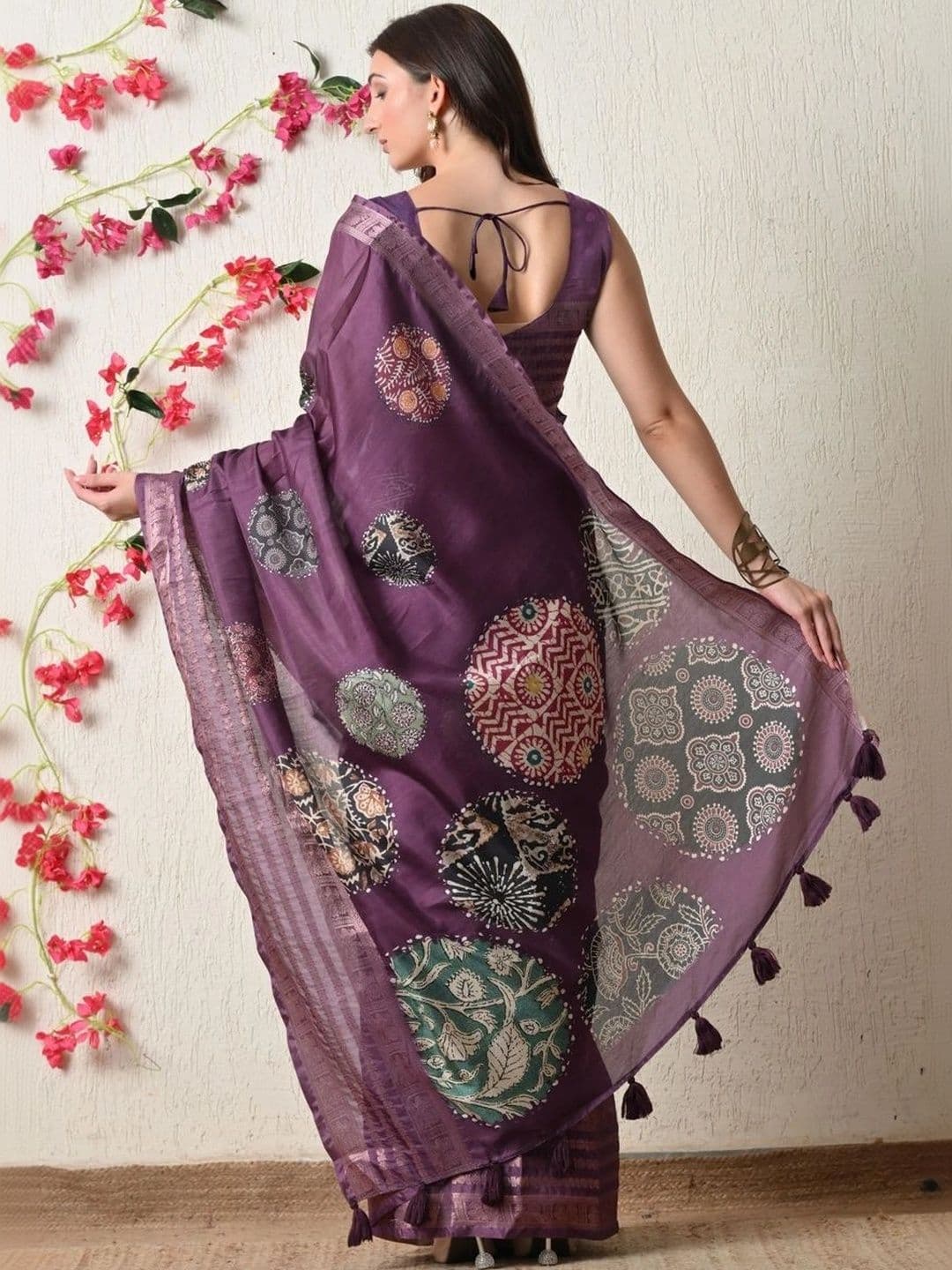 KALINI Ethnic Motifs Zari Silk Cotton Block Print Saree thumbnail 6