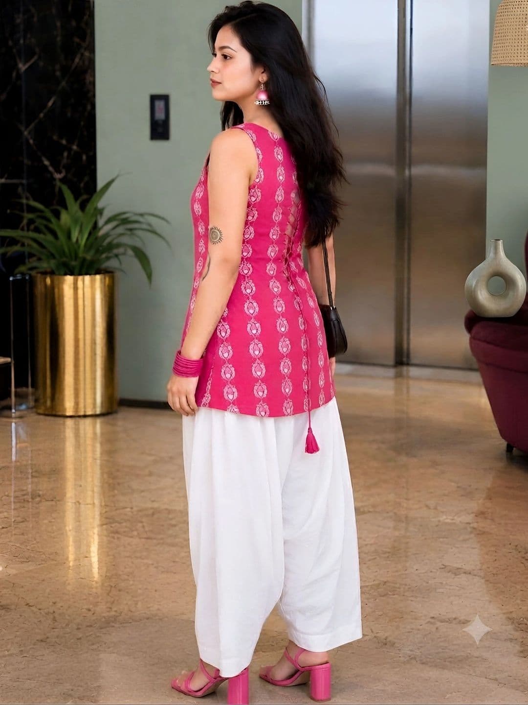 HERE&NOW Women Ethnic Motifs Printed Regular Pure Cotton Kurti with Dhoti Pants thumbnail 4