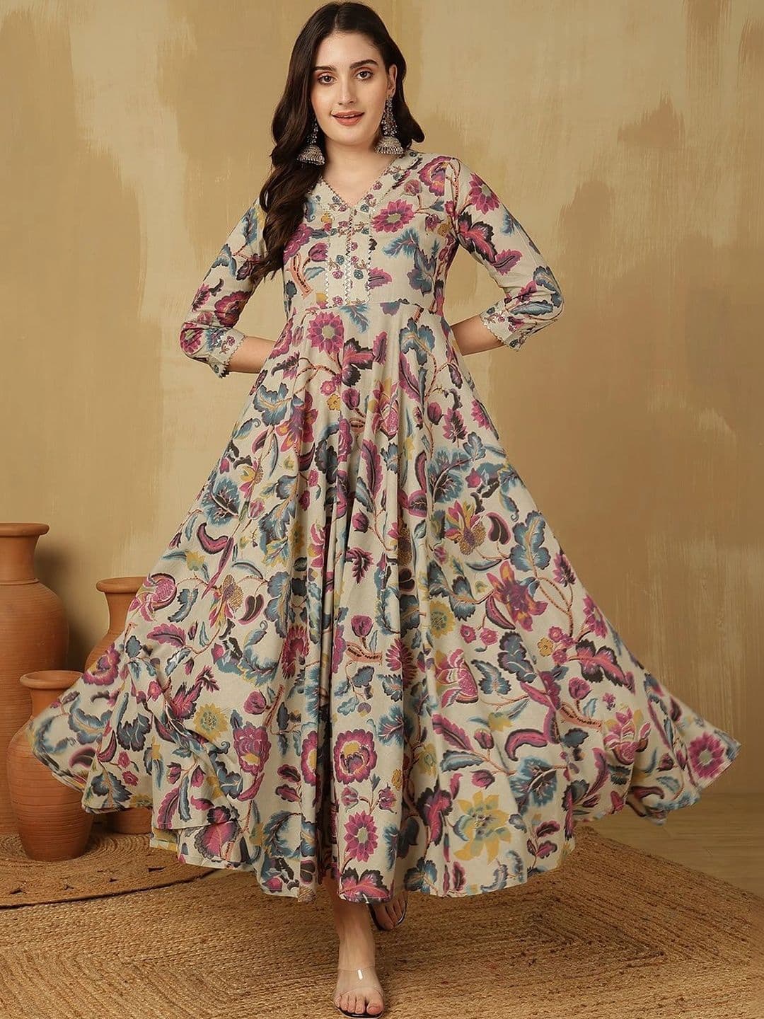 Sangria Women Floral Printed Thread Work Floral Anarkali Kurta - view 1