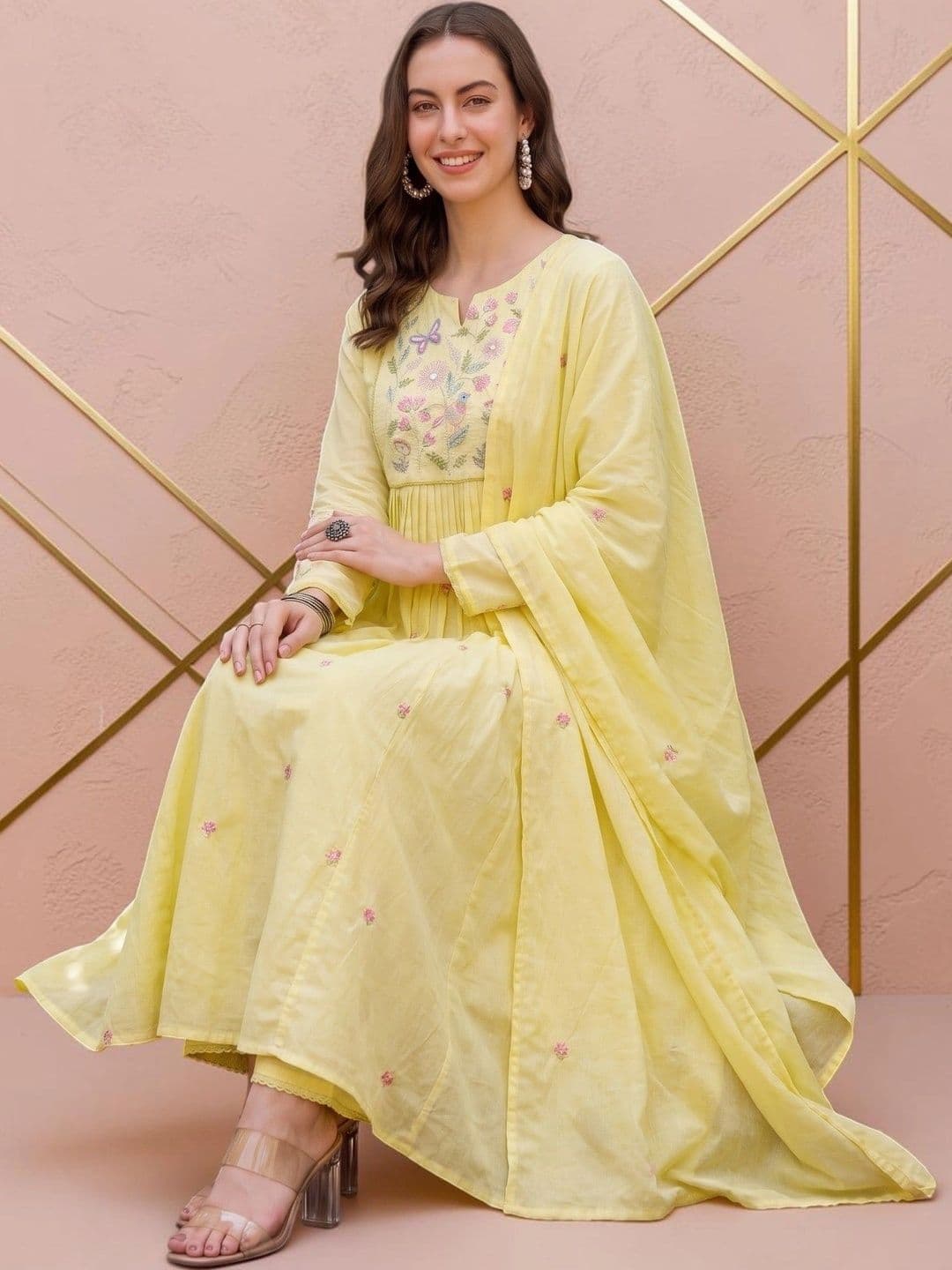 all about you Women Floral Embroidered Empire Thread Work Chanderi Silk Kurta with Trousers Dupatta thumbnail 3