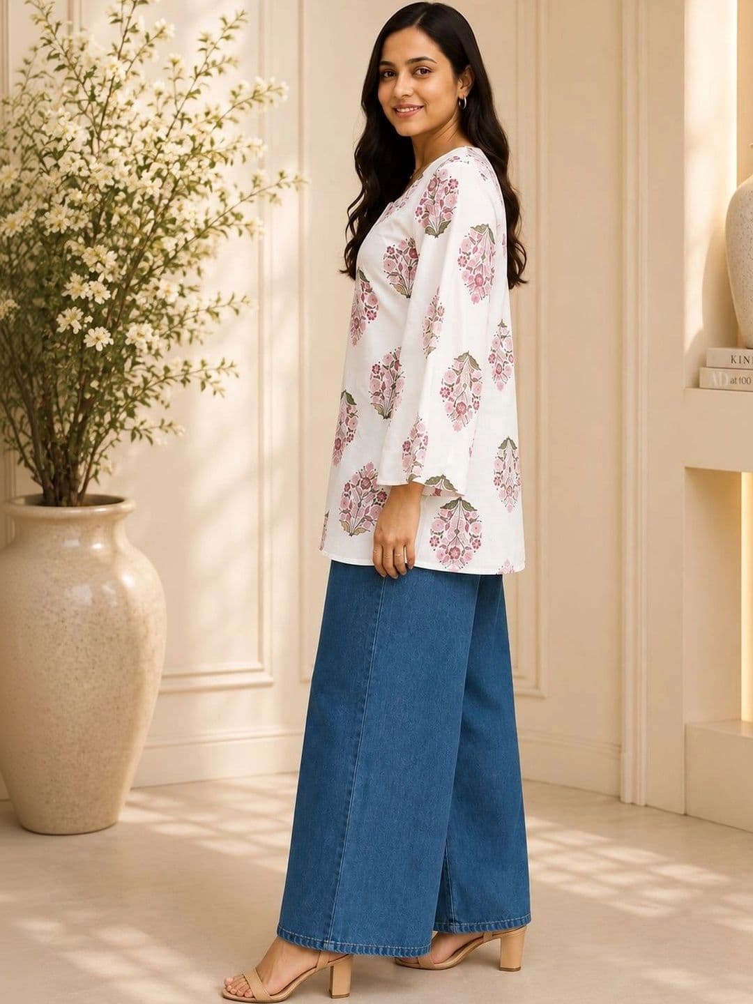 Myshka Floral Printed Square Neck Flared Sleeves Pure Cotton Kurti thumbnail 3