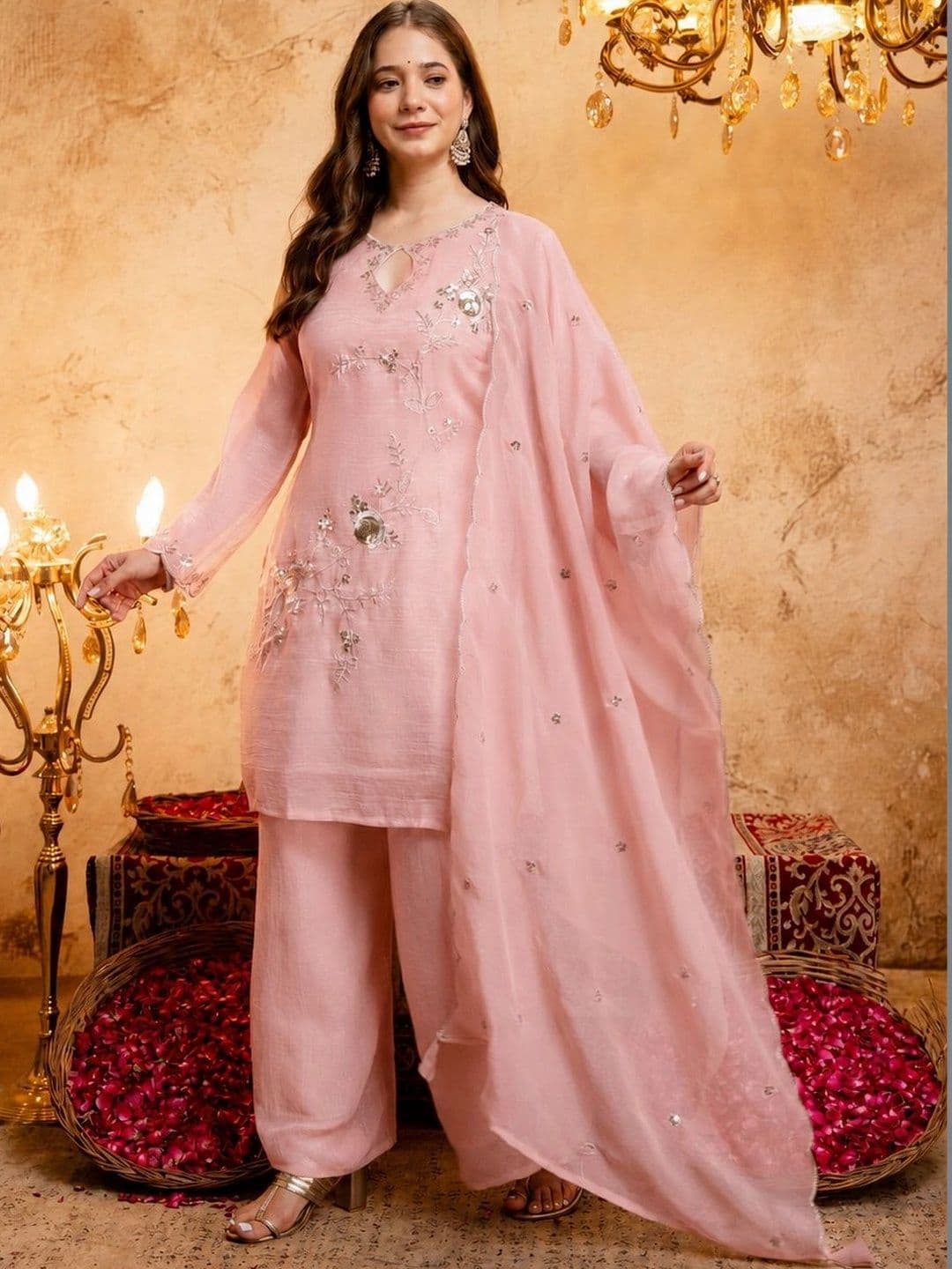J.KANJI Women Ethnic Motifs Embroidered Regular Thread Work Kurta with Palazzos & With Dupatta thumbnail 3