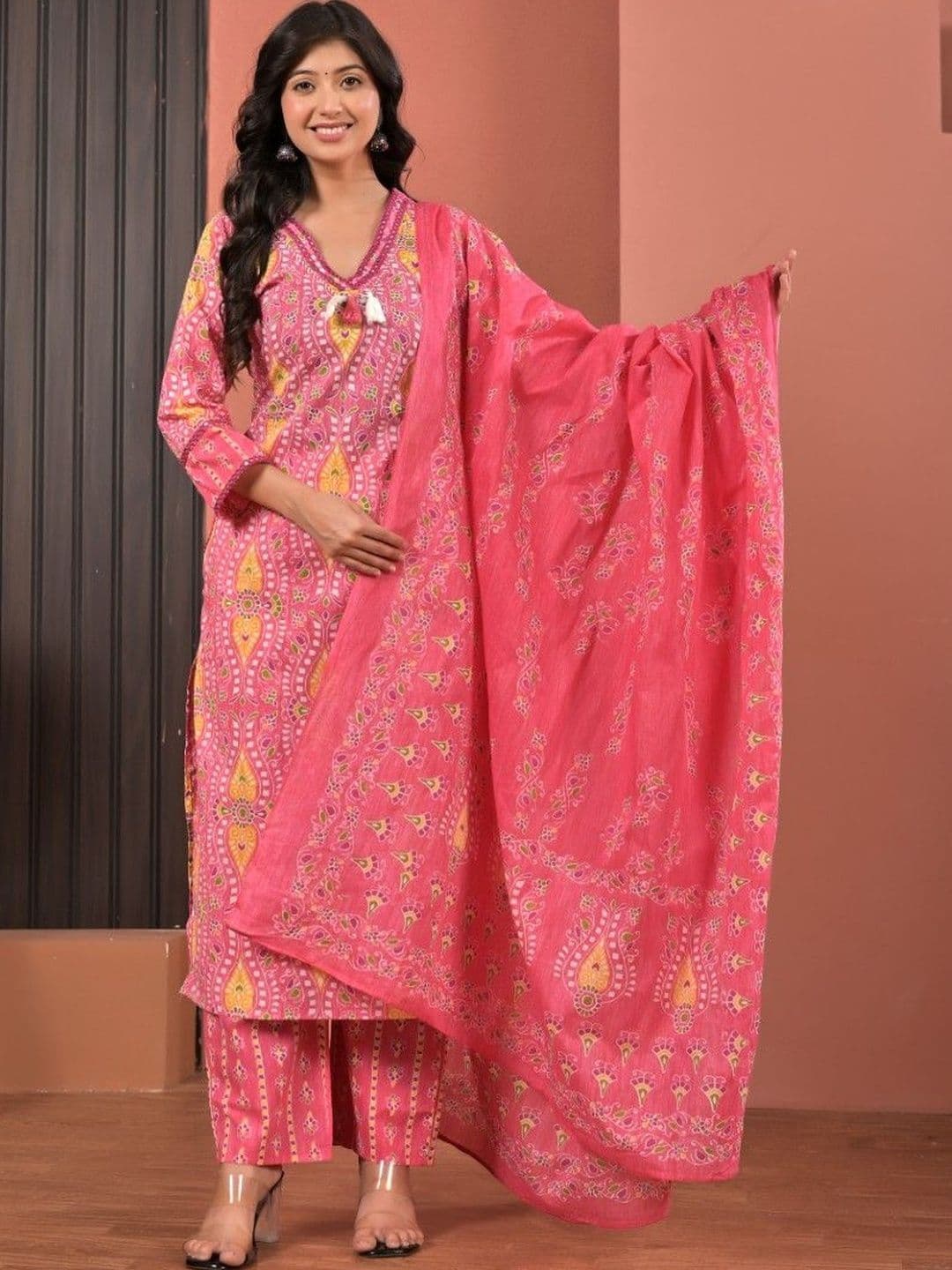 Yashee Women Ethnic Motifs Printed Regular Pure Cotton Kurta with Trousers & With Dupatta thumbnail 7