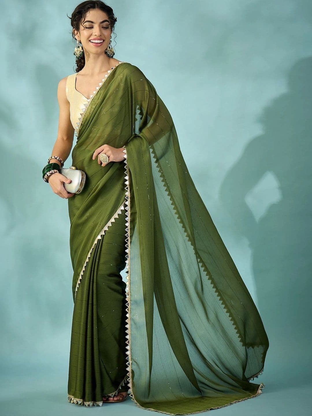 Sangria Striped Mirror Work Poly Georgette Designer Saree thumbnail 3