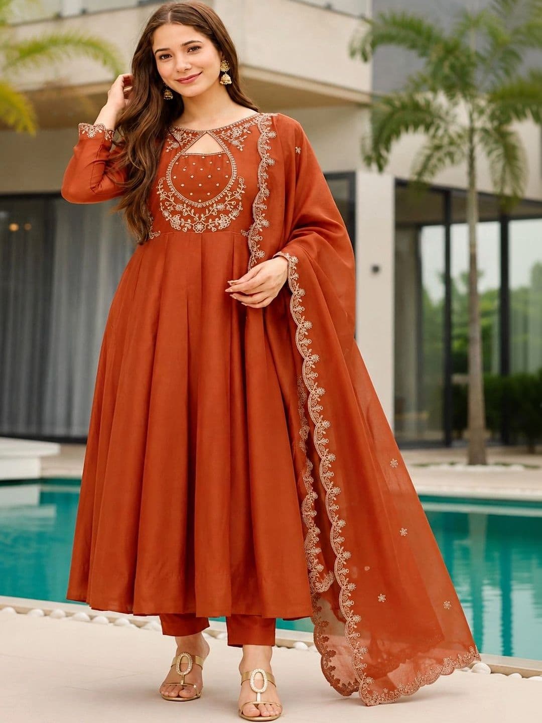 Sangria Women Ethnic Motifs Embroidered Regular Thread Work Chanderi Silk Kurta with Trousers & With Dupatta thumbnail 6