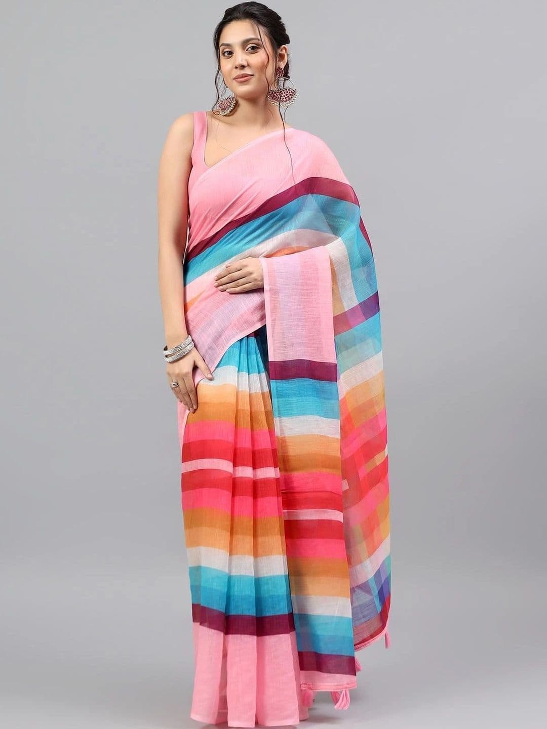 Pixie lane Striped Zari Linen Blend Saree - view 1