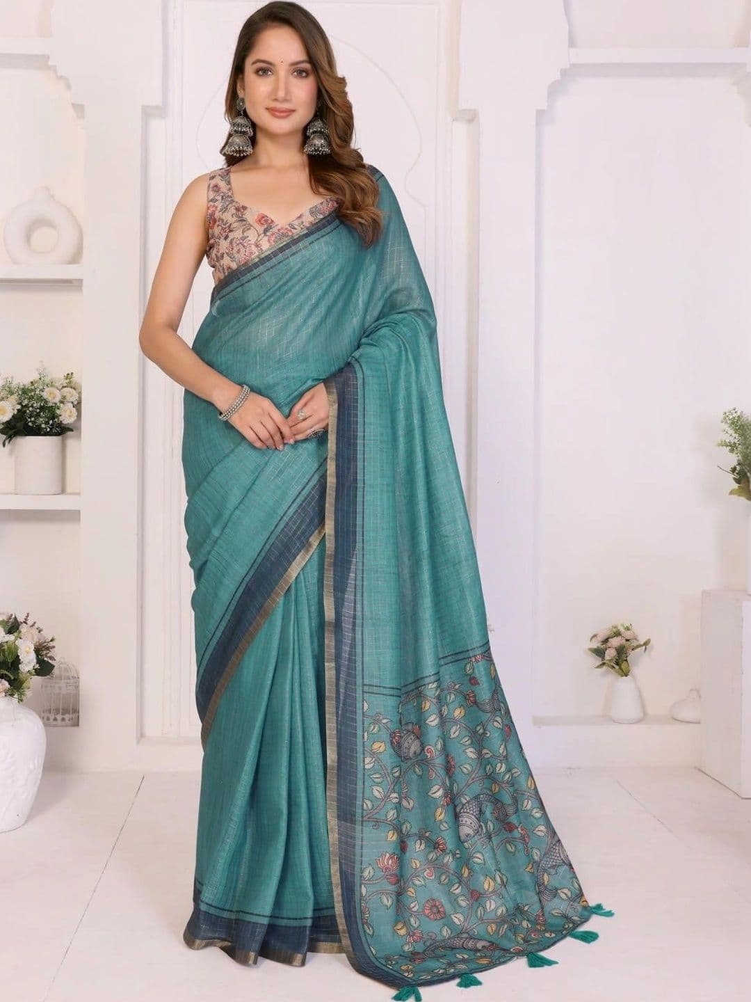 Pixie lane Floral Zari Linen Blend Saree - view 1