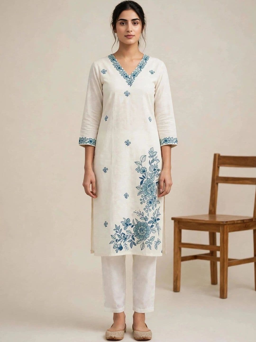 DEV DESIGNER Women Floral Embroidered Regular Thread Work Pure Cotton Kurta with Trousers - view 1