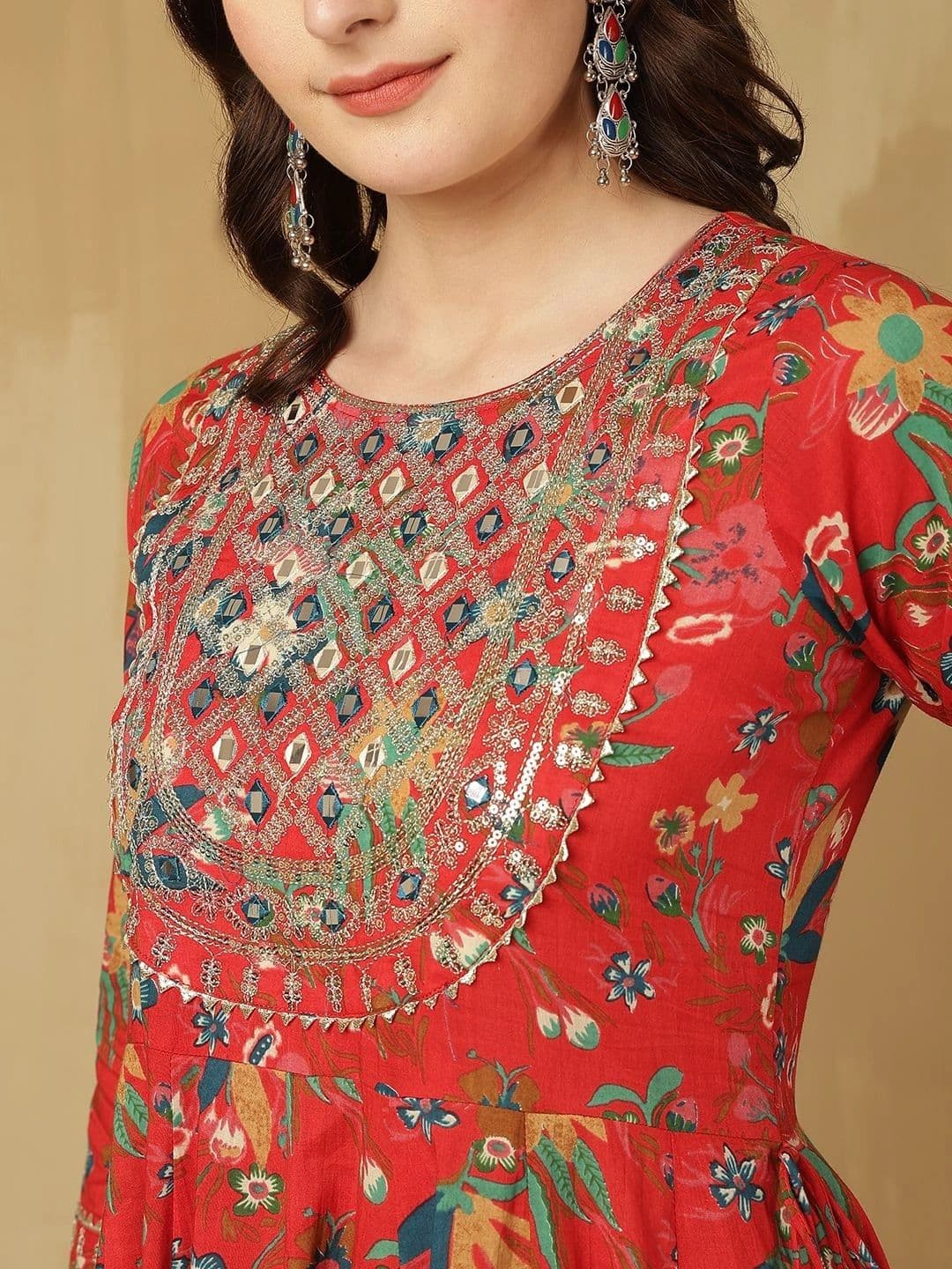 Sangria Women Floral Printed Mirror Work Floral Anarkali Kurta thumbnail 7