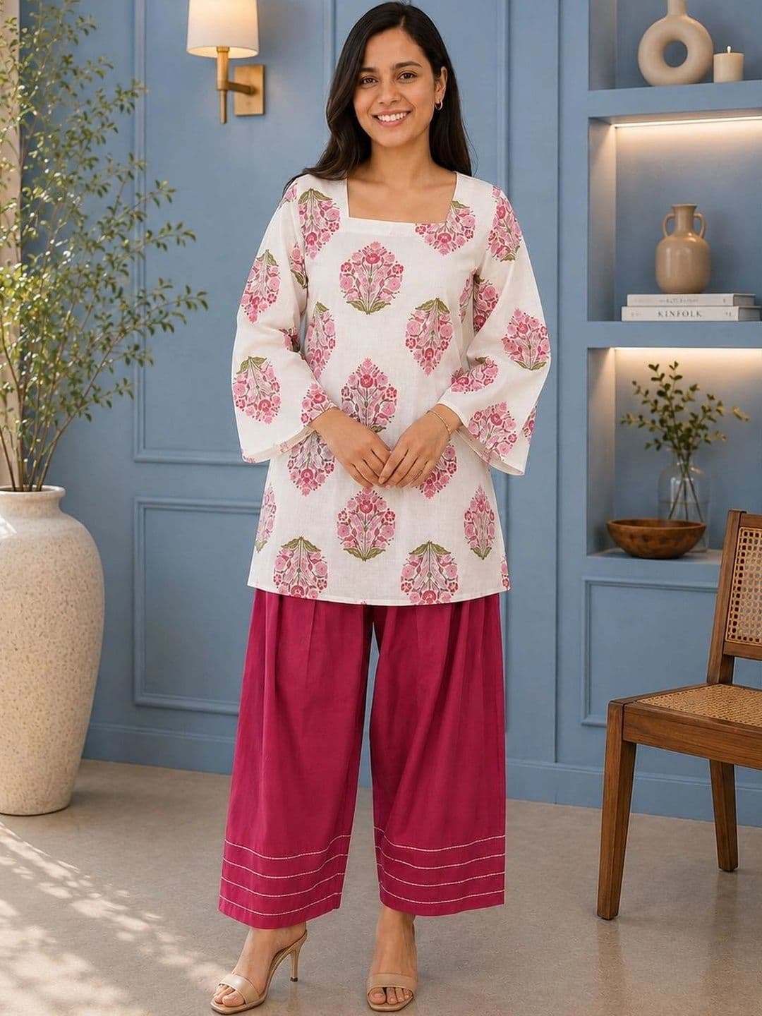 HERE&NOW Women Floral Printed Regular Pure Cotton Kurta with Patiala - view 1