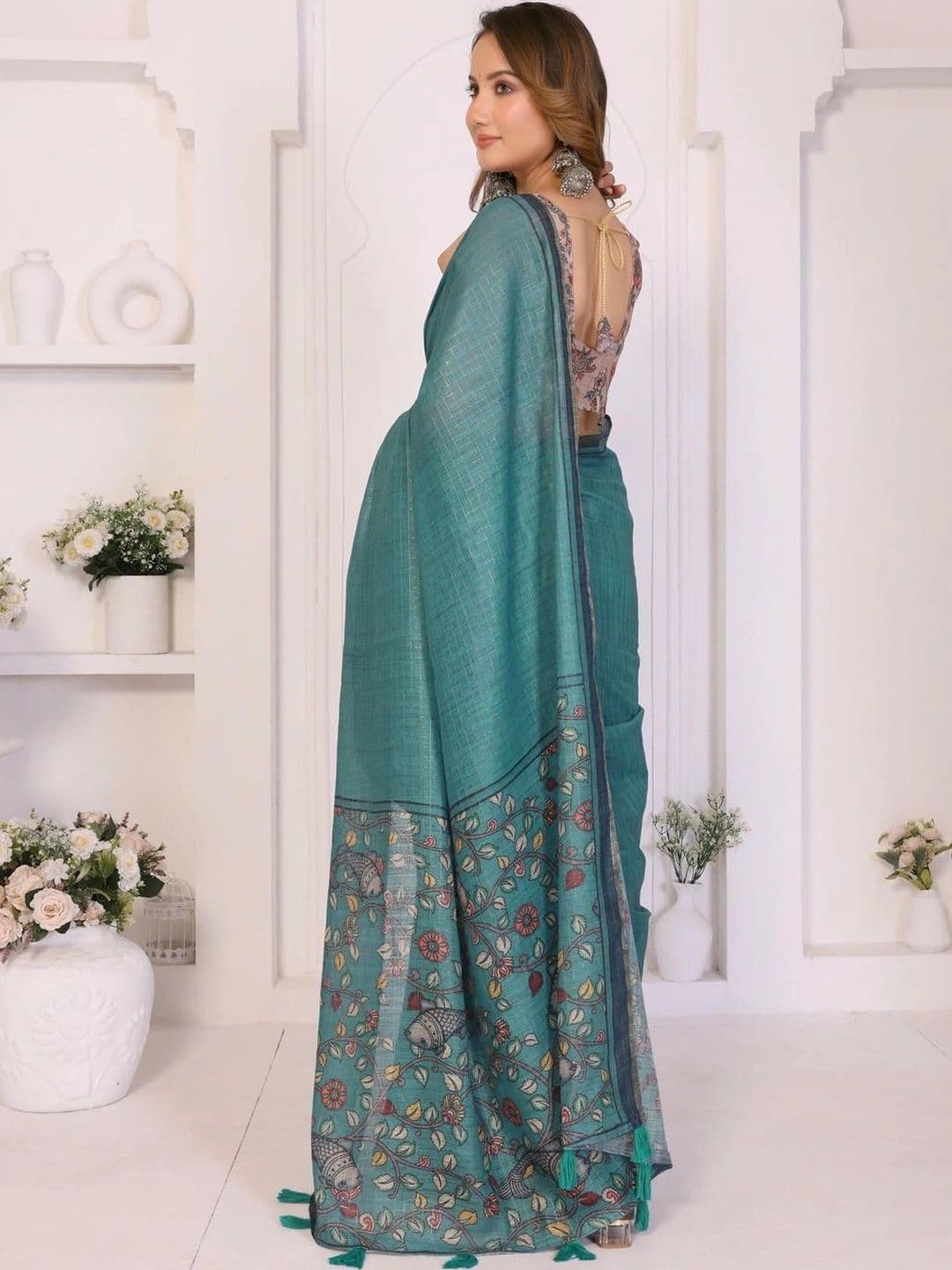 Pixie lane Floral Zari Linen Blend Saree thumbnail 7