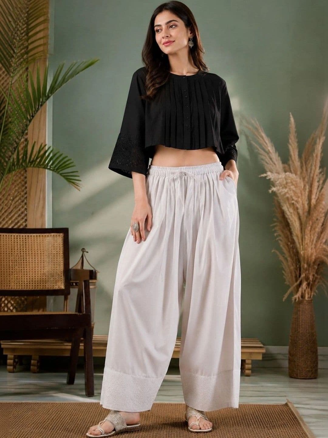 Sangria Women Pleated Thread Work Pure Cotton Top with Palazzos - view 1