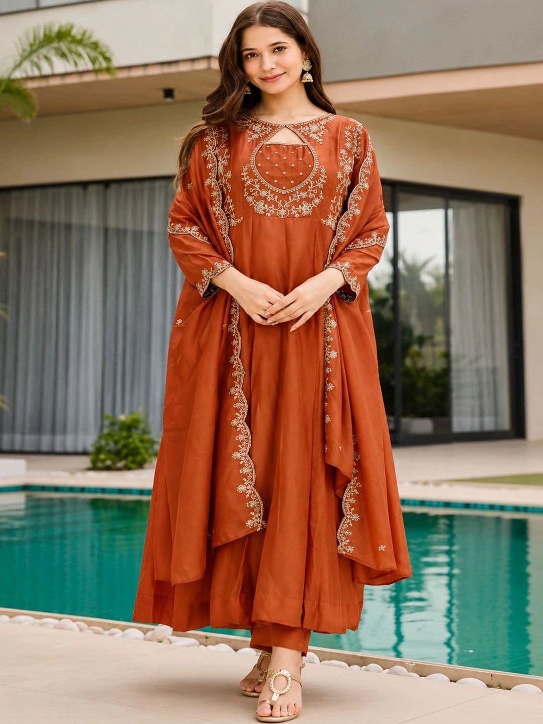 Sangria Women Ethnic Motifs Embroidered Regular Thread Work Chanderi Silk Kurta with Trousers & With Dupatta - view 1