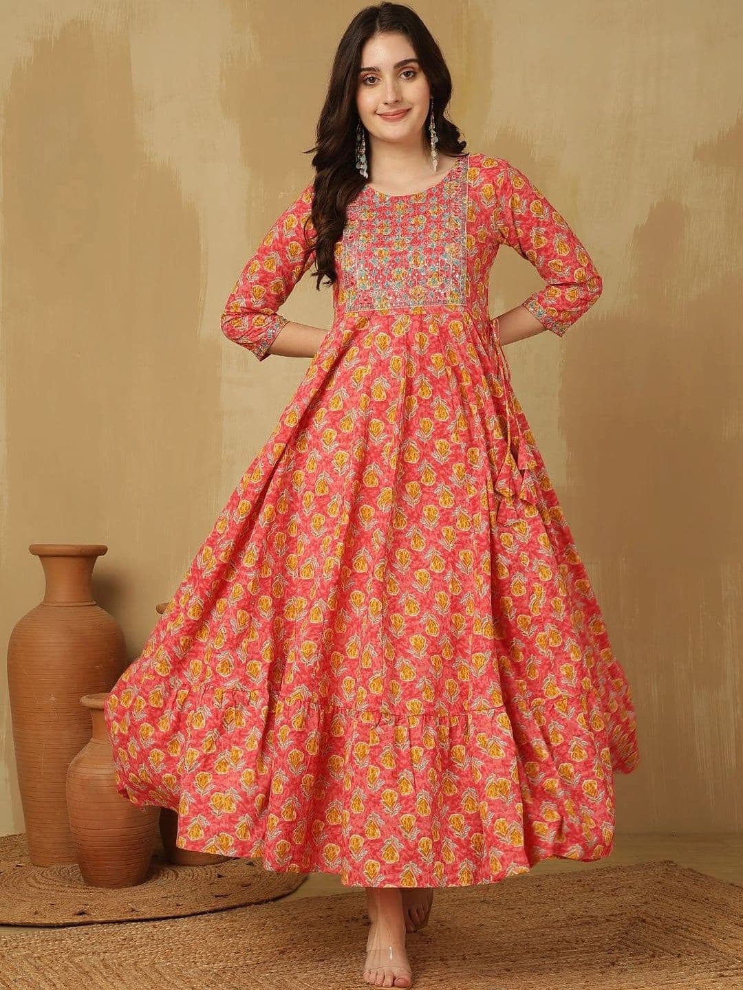 Sangria Women Floral Printed Mirror Work Indie Florals Anarkali Kurta - view 1