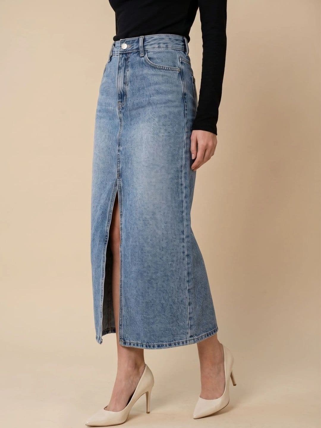 MAKPAK Women Denim Washed Front Slit Midi Straight Skirt thumbnail 3