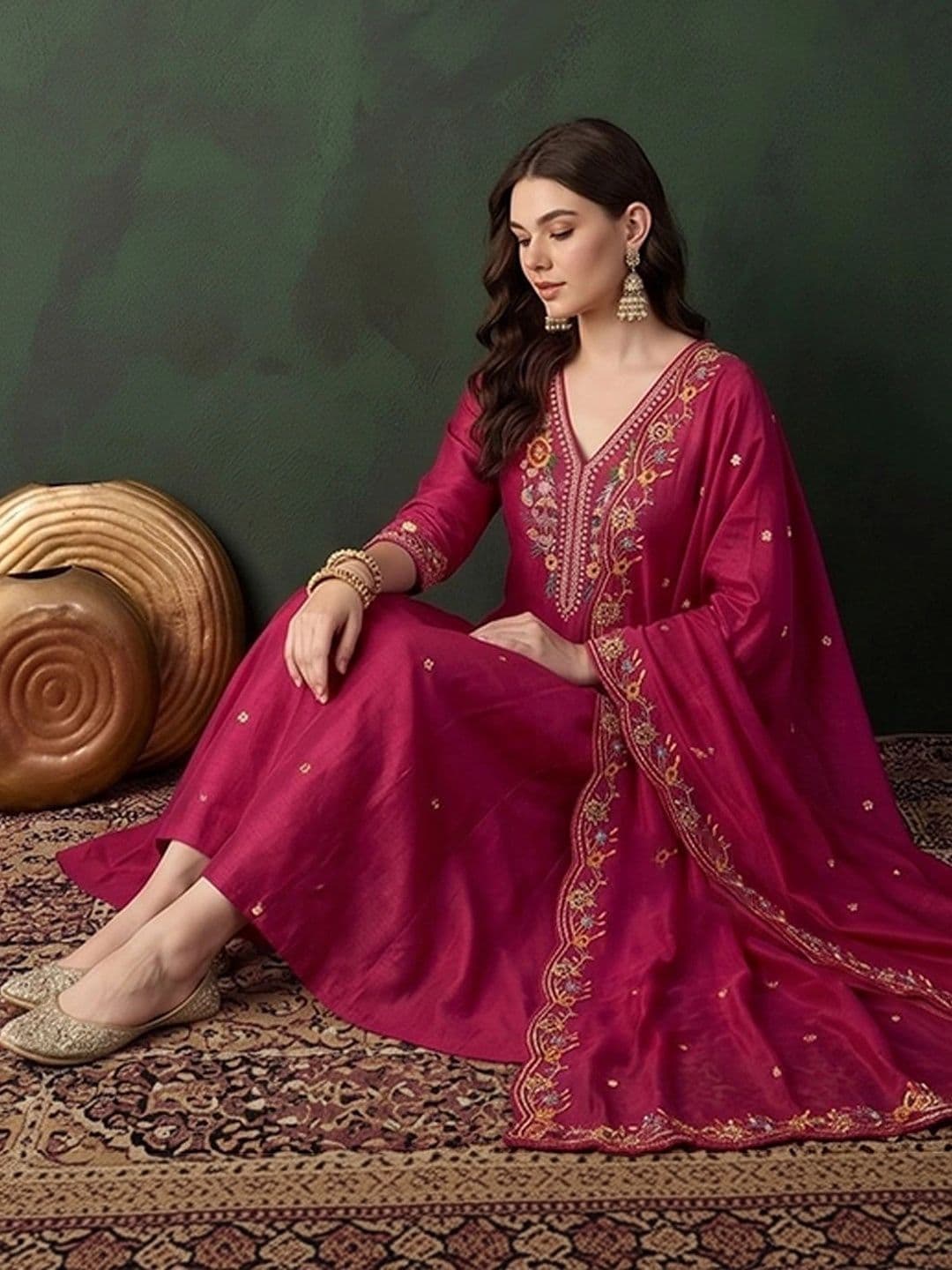 Sangria Women Floral Embroidered Regular Thread Work Kurta with Trousers & With Dupatta thumbnail 3