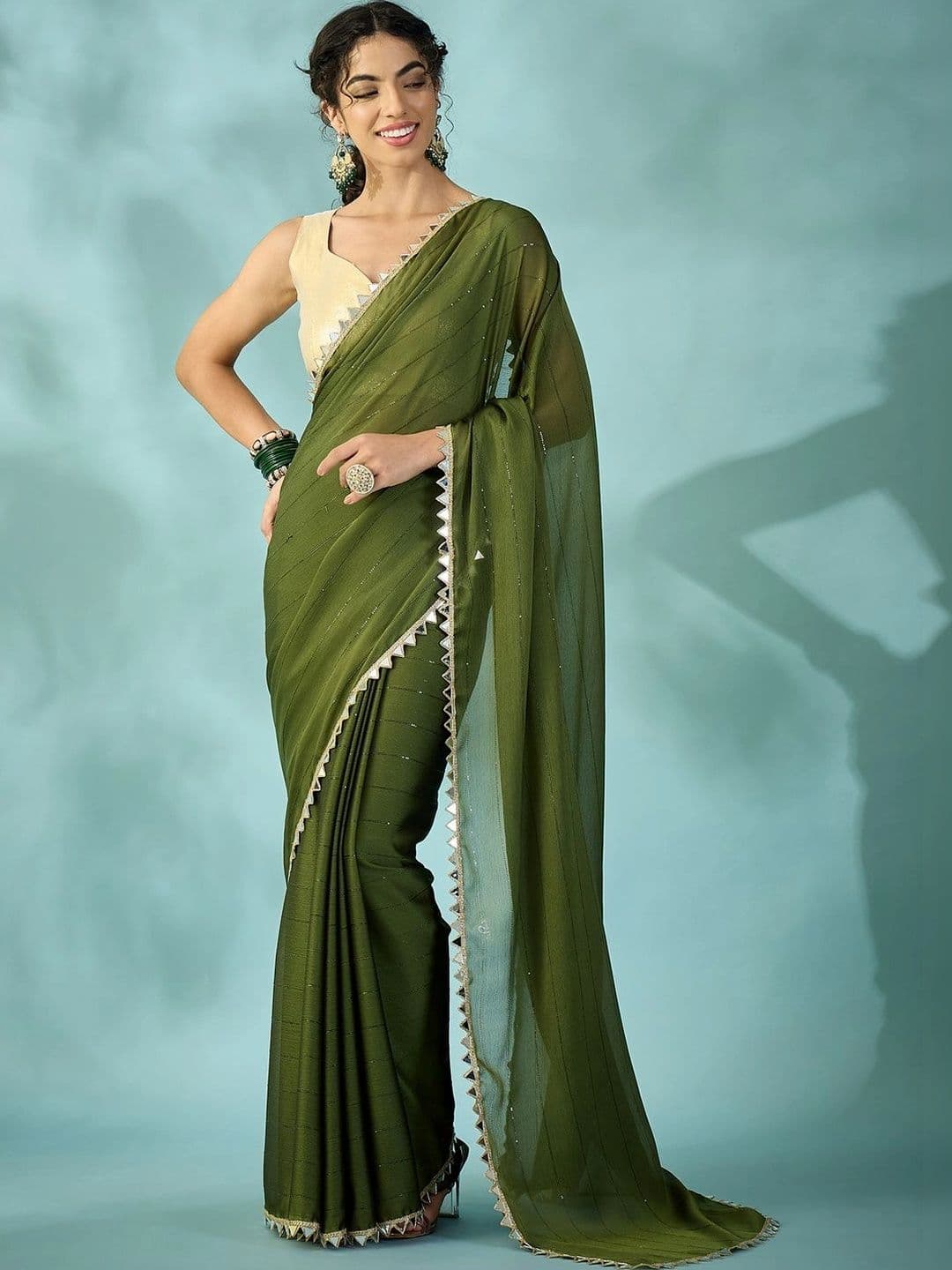 Sangria Striped Mirror Work Poly Georgette Designer Saree - view 1