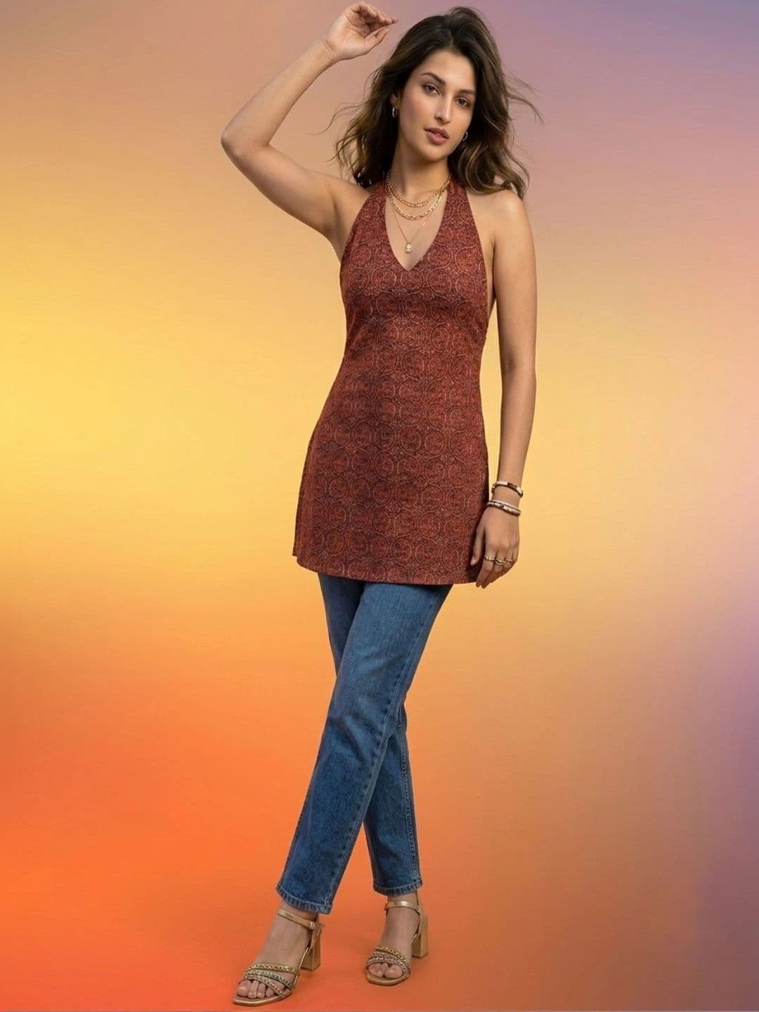 AADVIKA Ethnic Motifs Printed Halter Neck Kurti - view 1