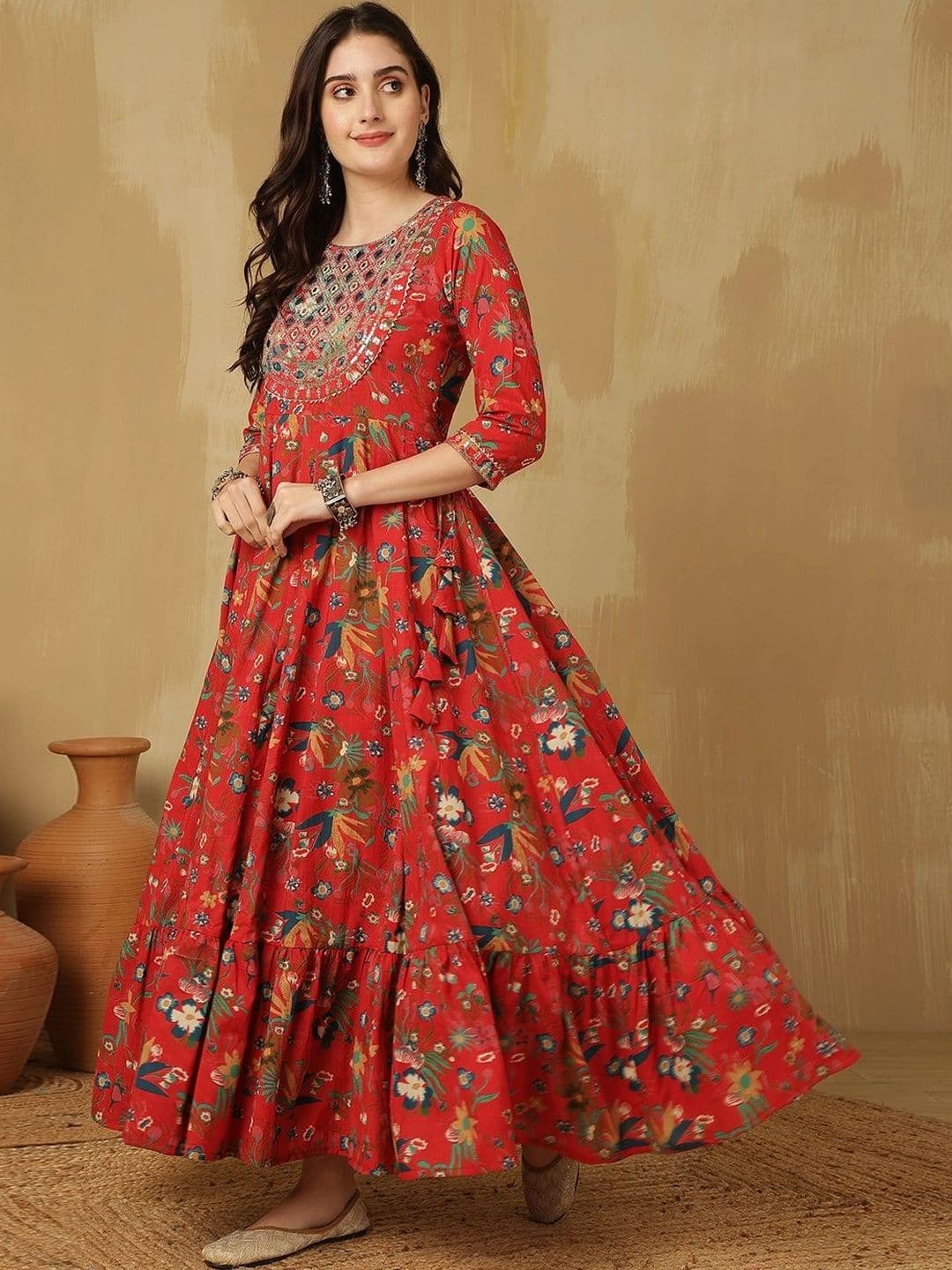 Sangria Women Floral Printed Mirror Work Floral Anarkali Kurta thumbnail 6