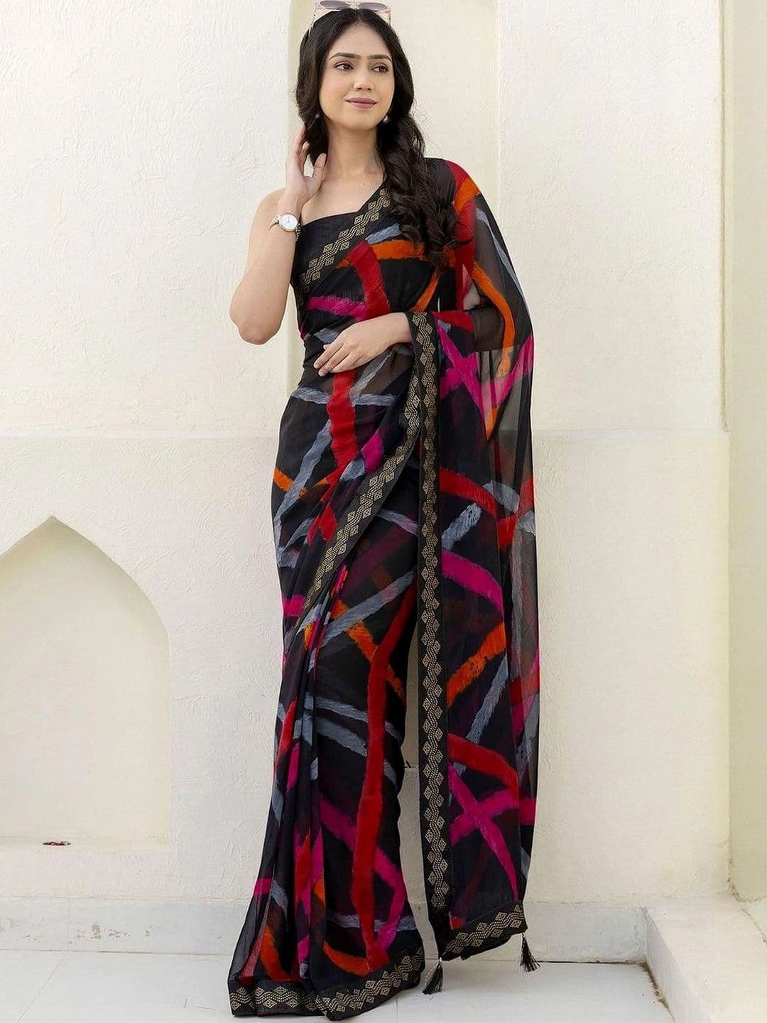 SANISA Striped Pure Georgette Saree - view 1