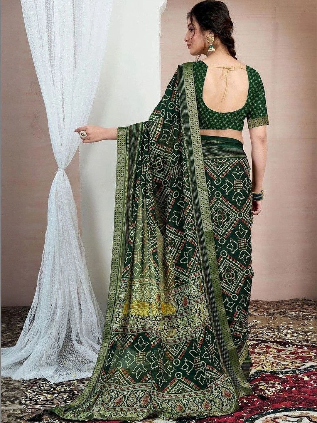 SANISA Bandhani Zari Pure Chiffon Saree thumbnail 5