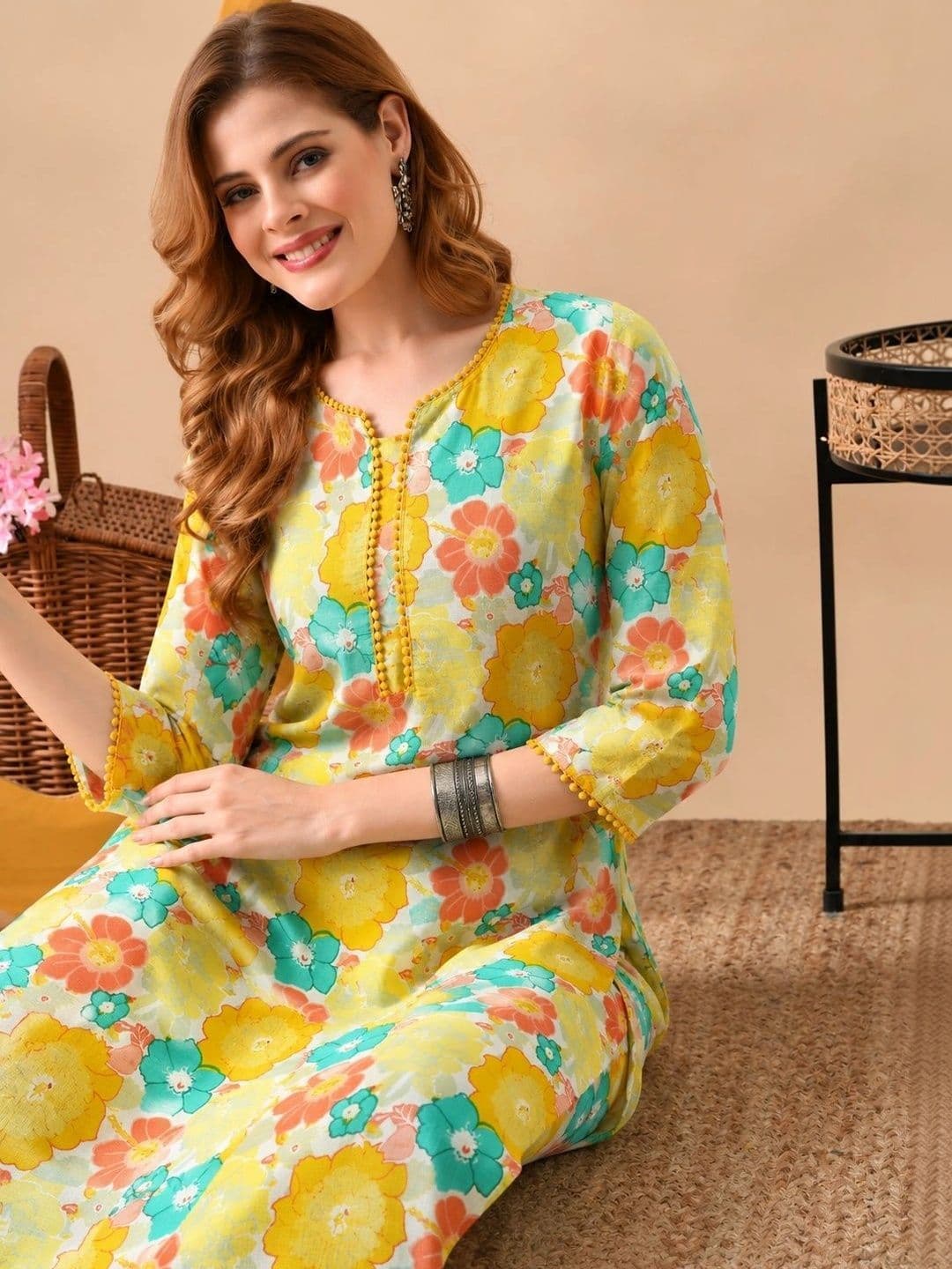 PHYSIL Women Floral Printed Regular Pure Cotton Kurta with Trousers - view 1