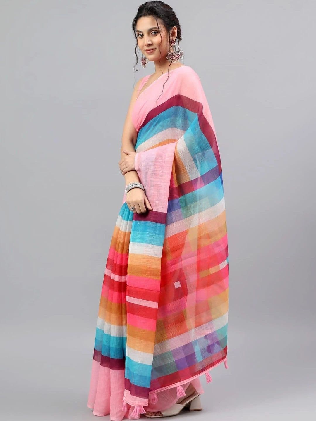 Pixie lane Striped Zari Linen Blend Saree thumbnail 5