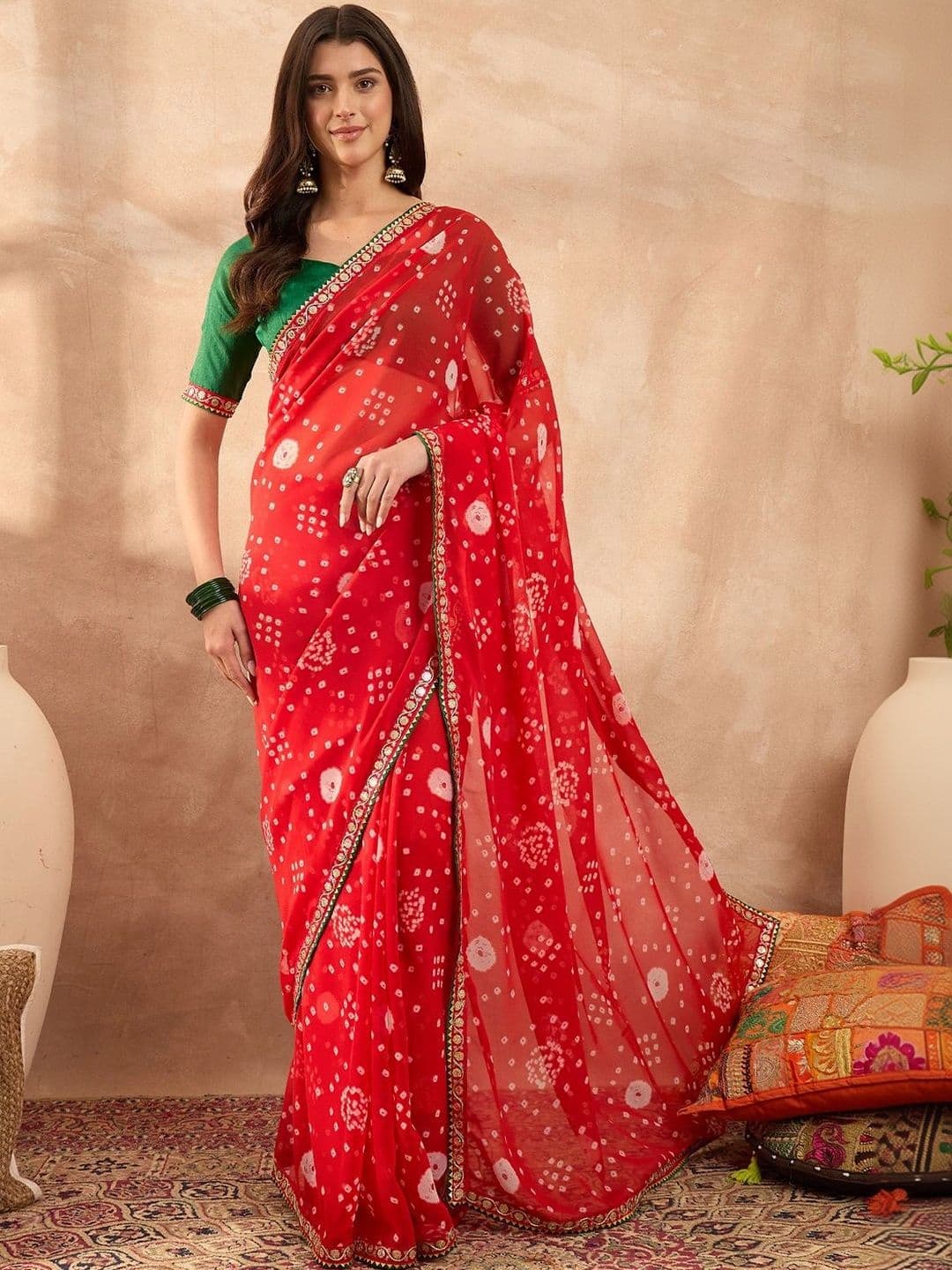 Sangria Bandhani Mirror Work Poly Georgette Designer Bandhani Saree - view 1