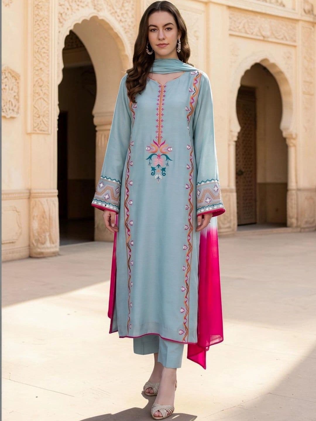 DIVASTRI Women Ethnic Motifs Embroidered  Thread Silk Crepe Kurta with Trousers & Dupatta thumbnail 3