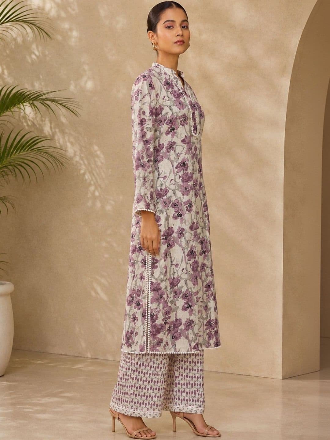 SILCHIC Floral Printed Mandarin Collar Pure Cotton Straight Kurta with Palazzos & Dupatta thumbnail 5