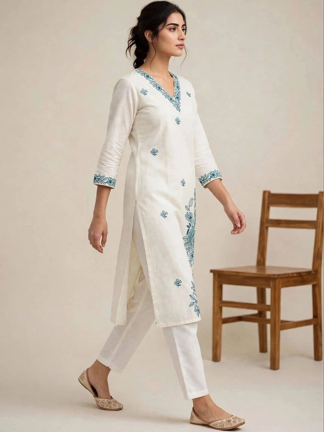 DEV DESIGNER Women Floral Embroidered Regular Thread Work Pure Cotton Kurta with Trousers thumbnail 5