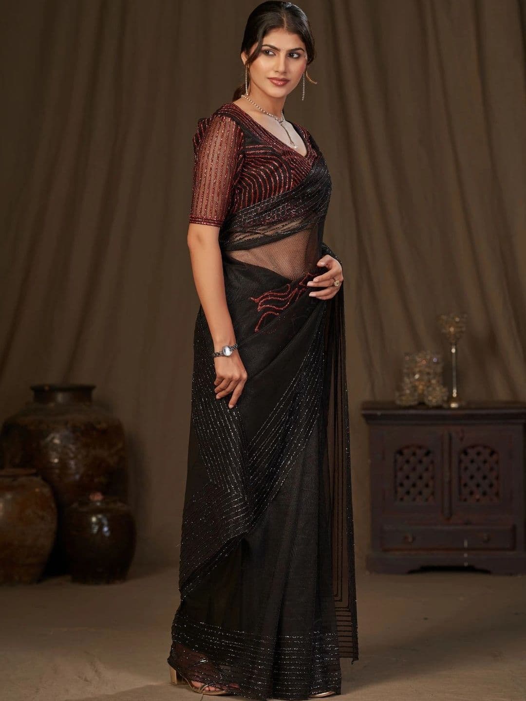 Parmila Fashion Embellished Sequinned Net Saree thumbnail 7
