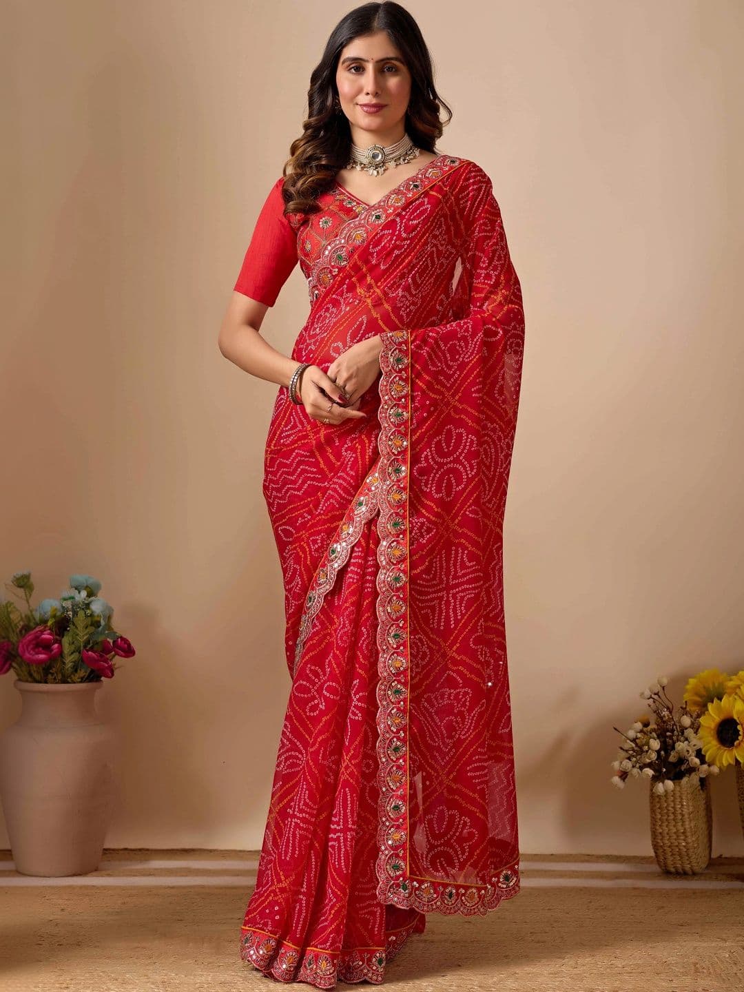 BELADIYA FASHION Bandhani Embroidered Pure Georgette Bandhani Saree - view 1
