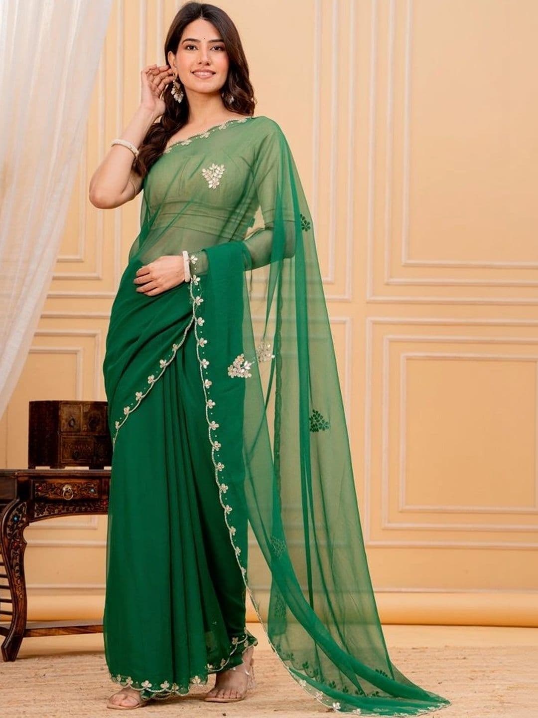 Threads By Tarang Embroidered Pure Georgette Saree - view 1