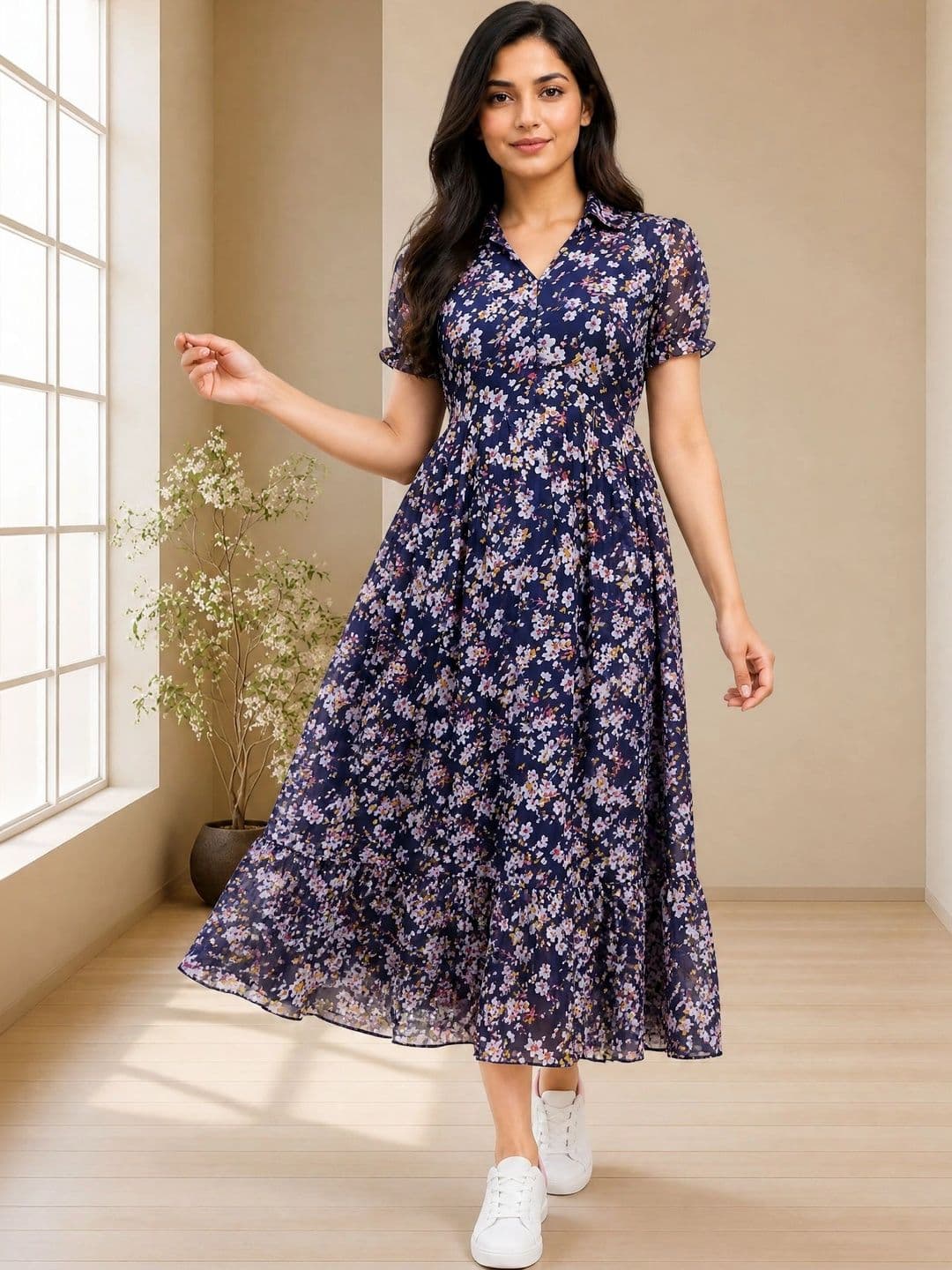 QENA Floral Print Georgette A-Line Midi Dress - view 1