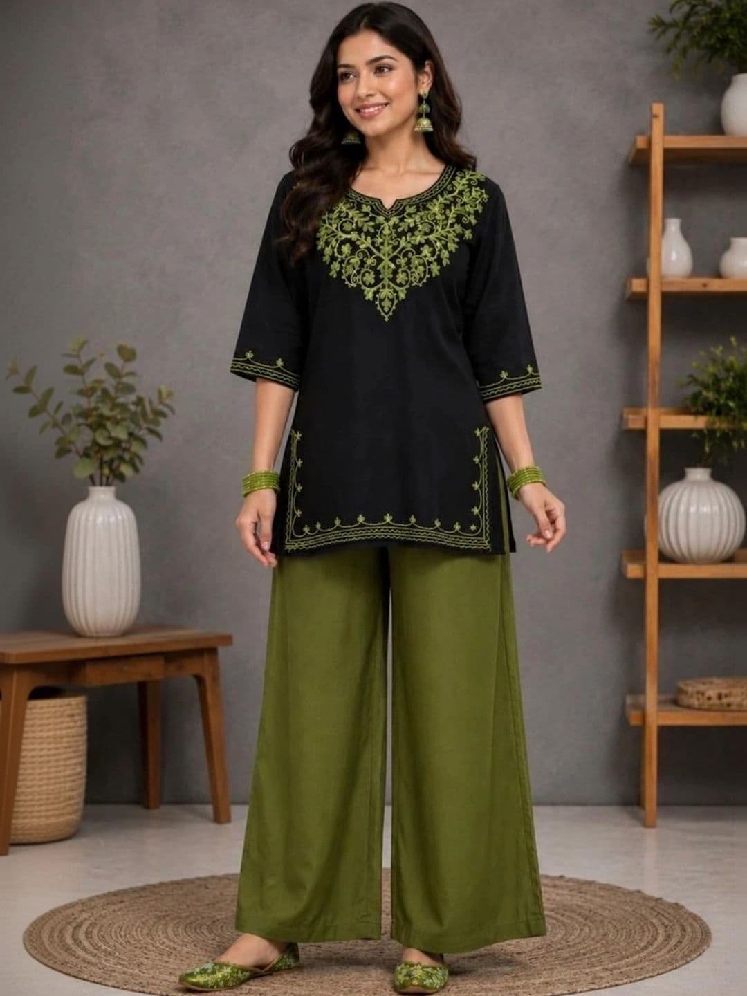 ASAD GARMENTS Women Ethnic Motifs Embroidered Regular Thread Work Kurti with Palazzos - view 1