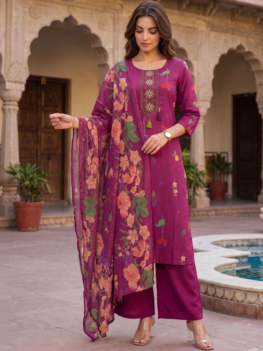Sangria Women Floral Embroidered Regular Thread Work Pure Cotton Kurta with Palazzos & With Dupatta thumbnail 5