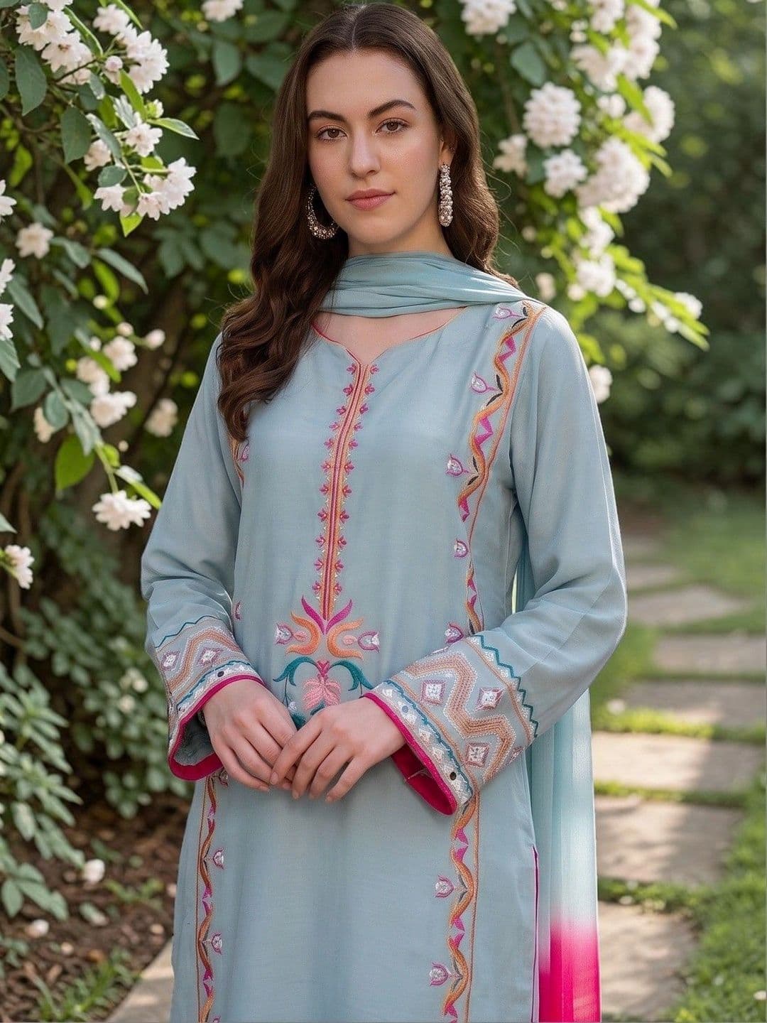 ASPORA Women Embroidered Thread Work Silk Crepe Kurta with Trousers & Dupatta thumbnail 3