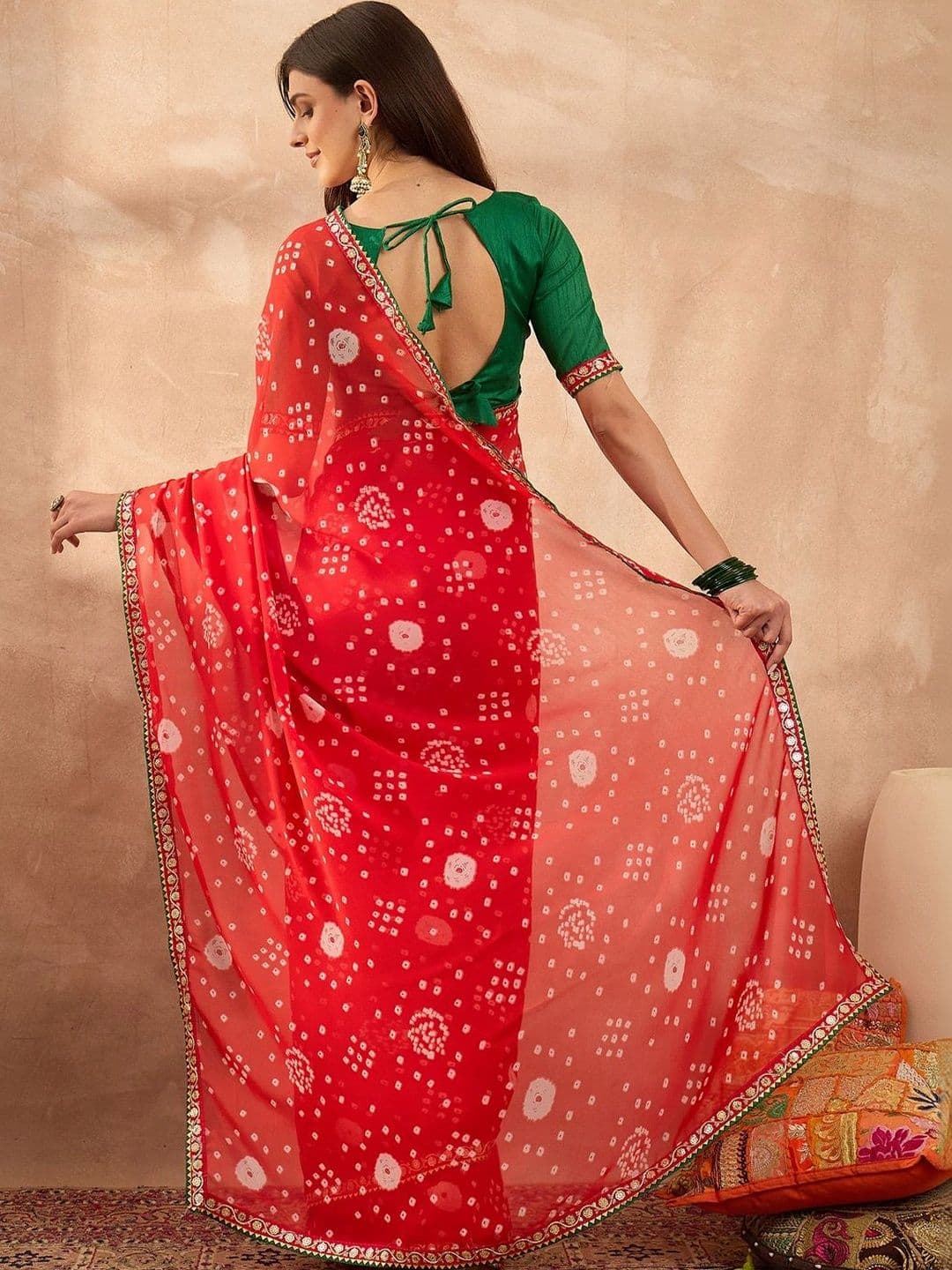Sangria Bandhani Mirror Work Poly Georgette Designer Bandhani Saree thumbnail 5
