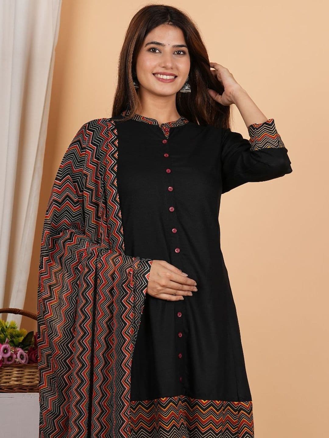 KALINI Chevron Printed Anarkali Kurta With Dupatta thumbnail 6