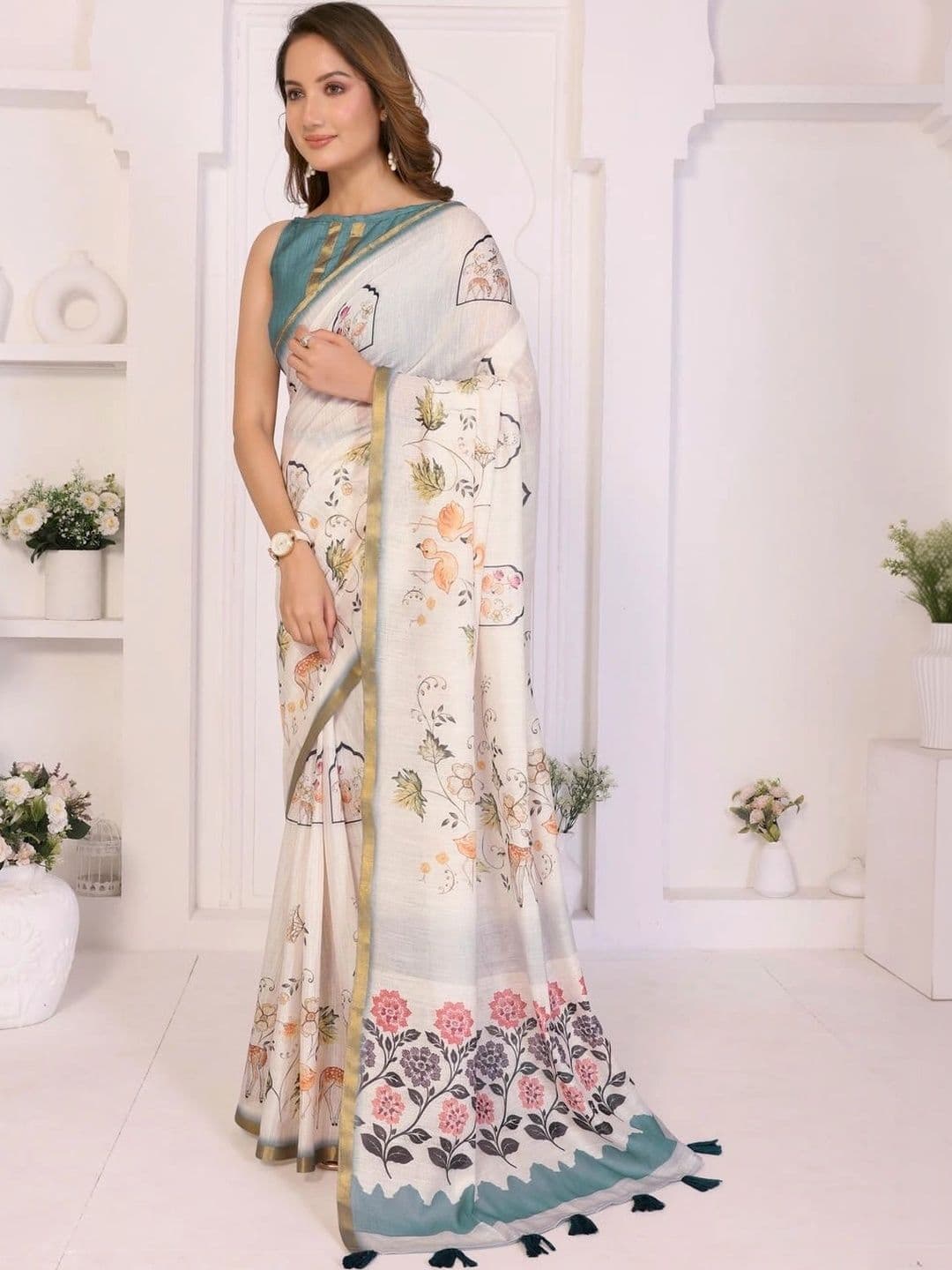 Pixie lane Floral Zari Linen Blend Saree thumbnail 6